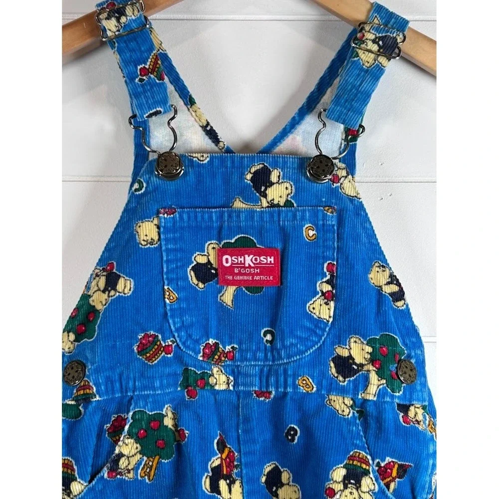 Vintage OshKosh‎ Kids Corduroy Overalls Blue Bear Tree Print Adjustable Straps